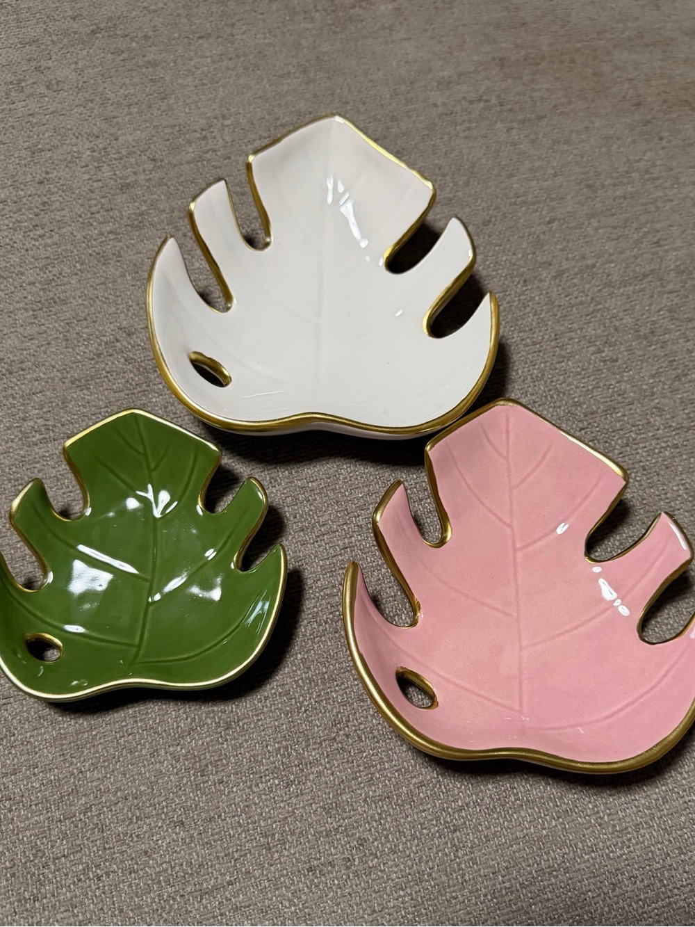 Monstera Ceramic Jewelry Tray Set - White, Pink & Green